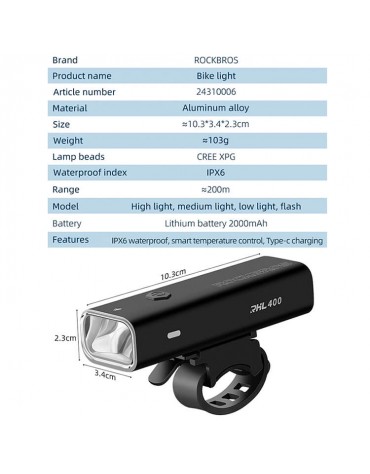 Luz Bicicleta Rockbros Delantera 400 Lumen 2000 Mah Ciclismo | haplaz.com Luz Bicicleta Rockbros Delantera 400 Lumen 2000 Mah Ciclismo | haplaz.com